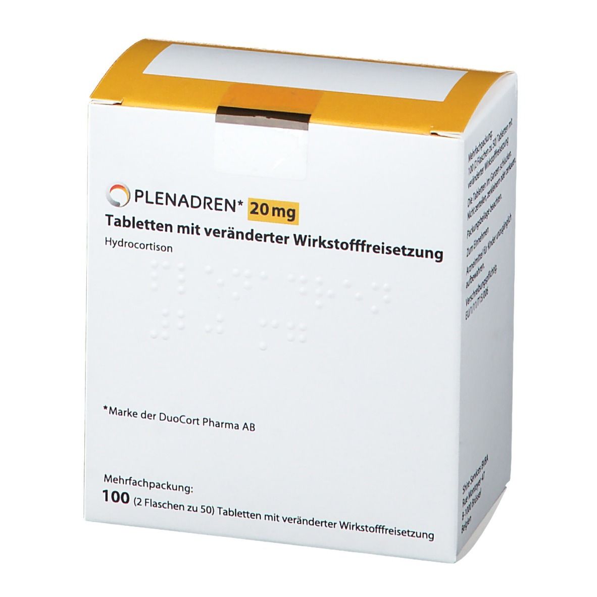 Weißer Karton mit gelbem Deckel. Aufschrift PLENADREN 20 mg. Text: Tabletten mit veränderter Wirkstofffreisetzung. Hydrocortison. Mehrfachpackung: 100 Tabletten.