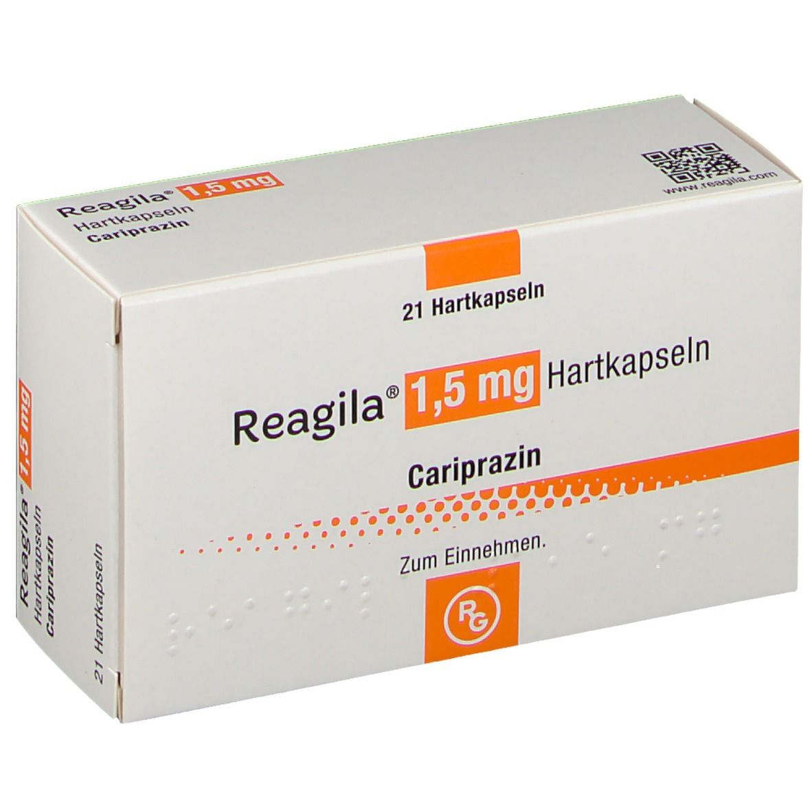 Schachtel Reagila® 1,5 mg Hartkapseln. Aufschrift: 21 Hartkapseln, Cariprazin. Orangefarbener Streifen. QR-Code.