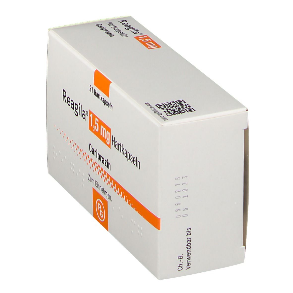 Schachtel Reagila® 1,5 mg Hartkapseln. Aufschrift: 21 Hartkapseln, Cariprazin. Orangefarbener Streifen. QR-Code.