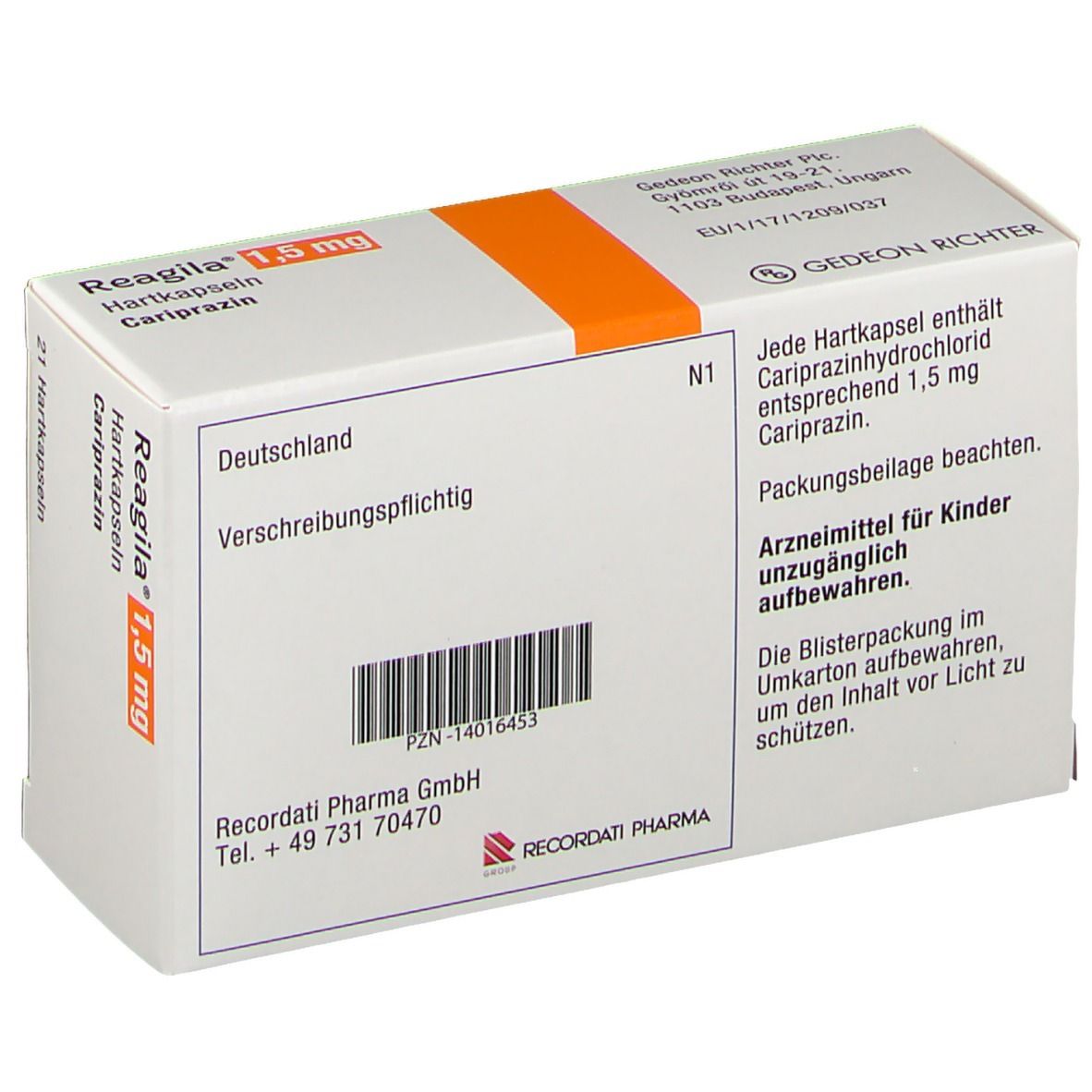 Schachtel Reagila® 1,5 mg Hartkapseln. Aufschrift: 21 Hartkapseln, Cariprazin. Text: Verschreibungspflichtig. Barcode.