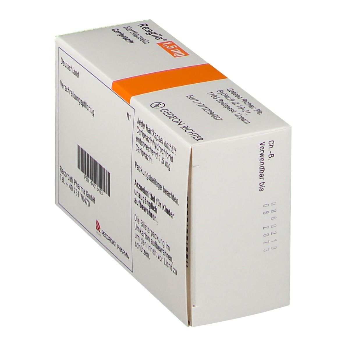 Schachtel Reagila® 1,5 mg Hartkapseln. Aufschrift: 21 Hartkapseln, Cariprazin. Text: Verschreibungspflichtig. Barcode.