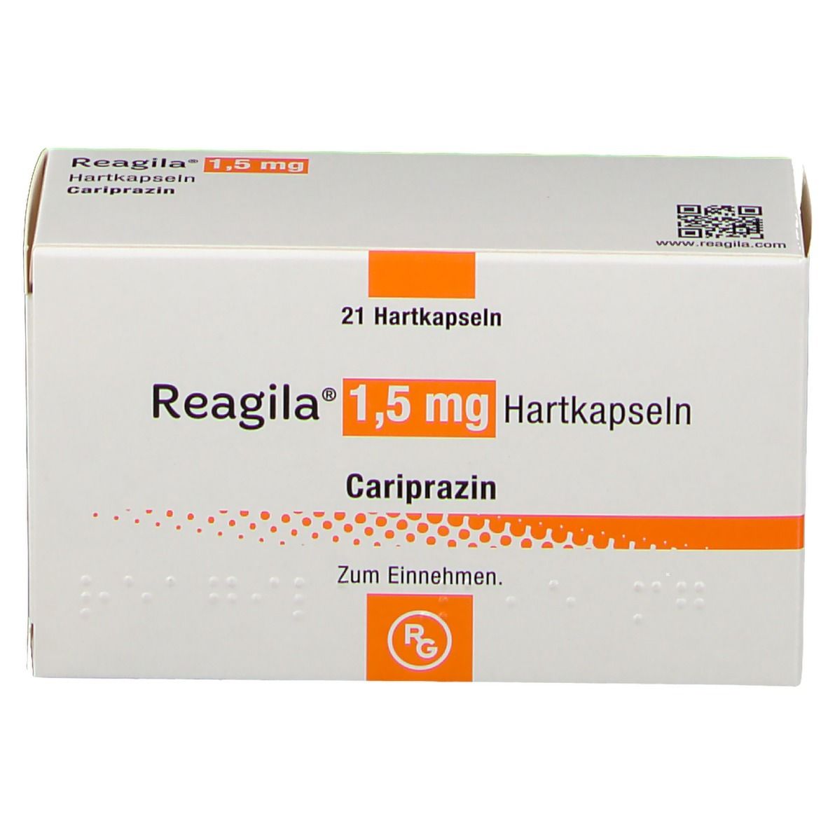 Schachtel Reagila® 1,5 mg Hartkapseln. Aufschrift: 21 Hartkapseln, Cariprazin. Orangefarbener Streifen. QR-Code.