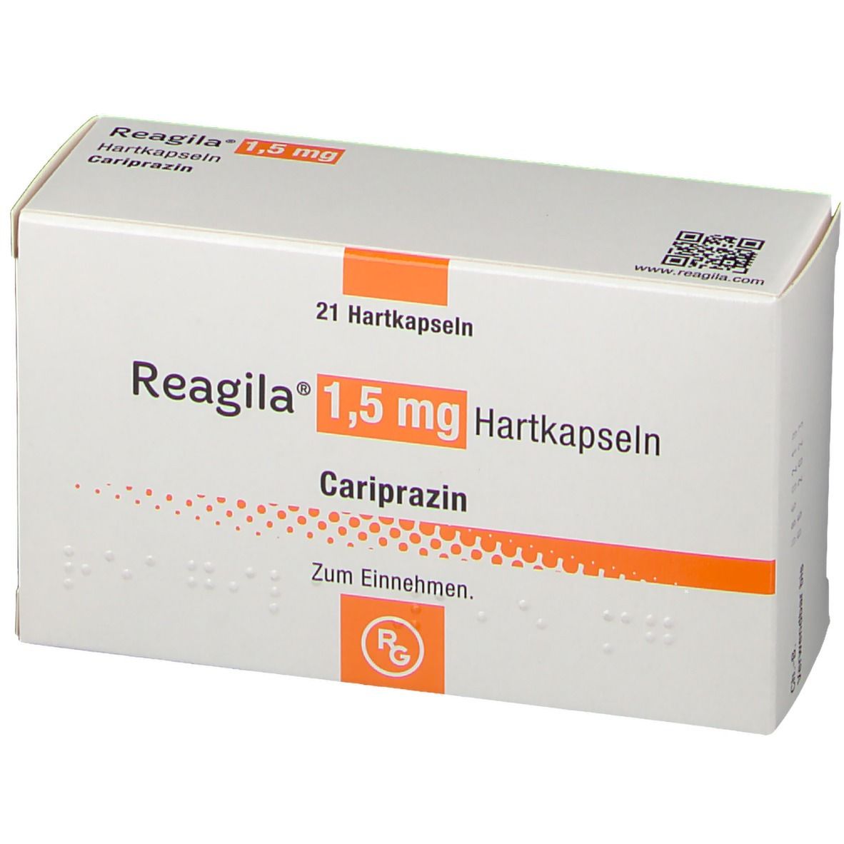 Schachtel Reagila® 1,5 mg Hartkapseln. Aufschrift: 21 Hartkapseln, Cariprazin. Orangefarbener Streifen. QR-Code.