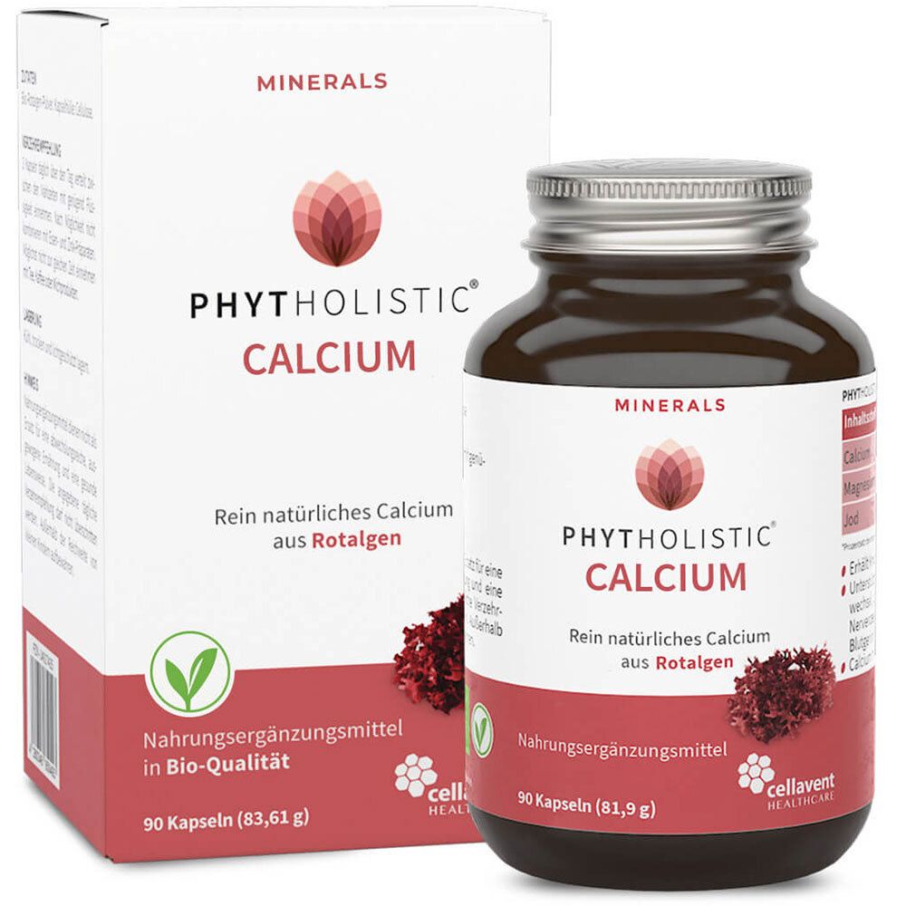 Braune Glasflasche mit Kapseln und Karton. Aufschrift: Phytholistic Calcium, Rein natürliches Calcium aus Rotalgen.