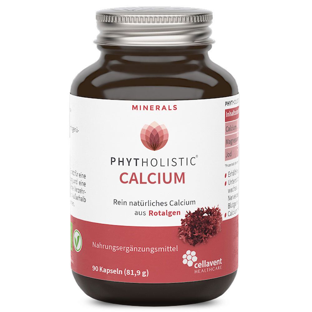 Braune Glasflasche mit Kapseln. Aufschrift: Phytholistic Calcium, Rein natürliches Calcium aus Rotalgen. 90 Kapseln.