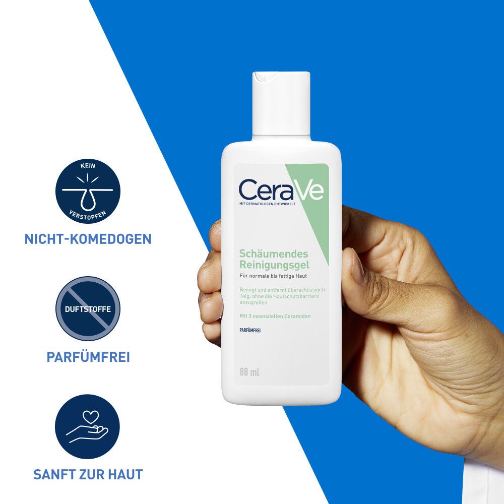 CeraVe Reinigungsgel. Weiße Flasche in Hand. Nicht-komedogen, parfümfrei, sanft zur Haut.