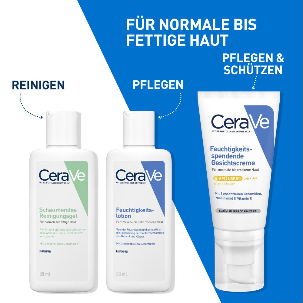 CeraVe Produkte. Reinigungsgel, Feuchtigkeitslotion und Feuchtigkeitscreme.