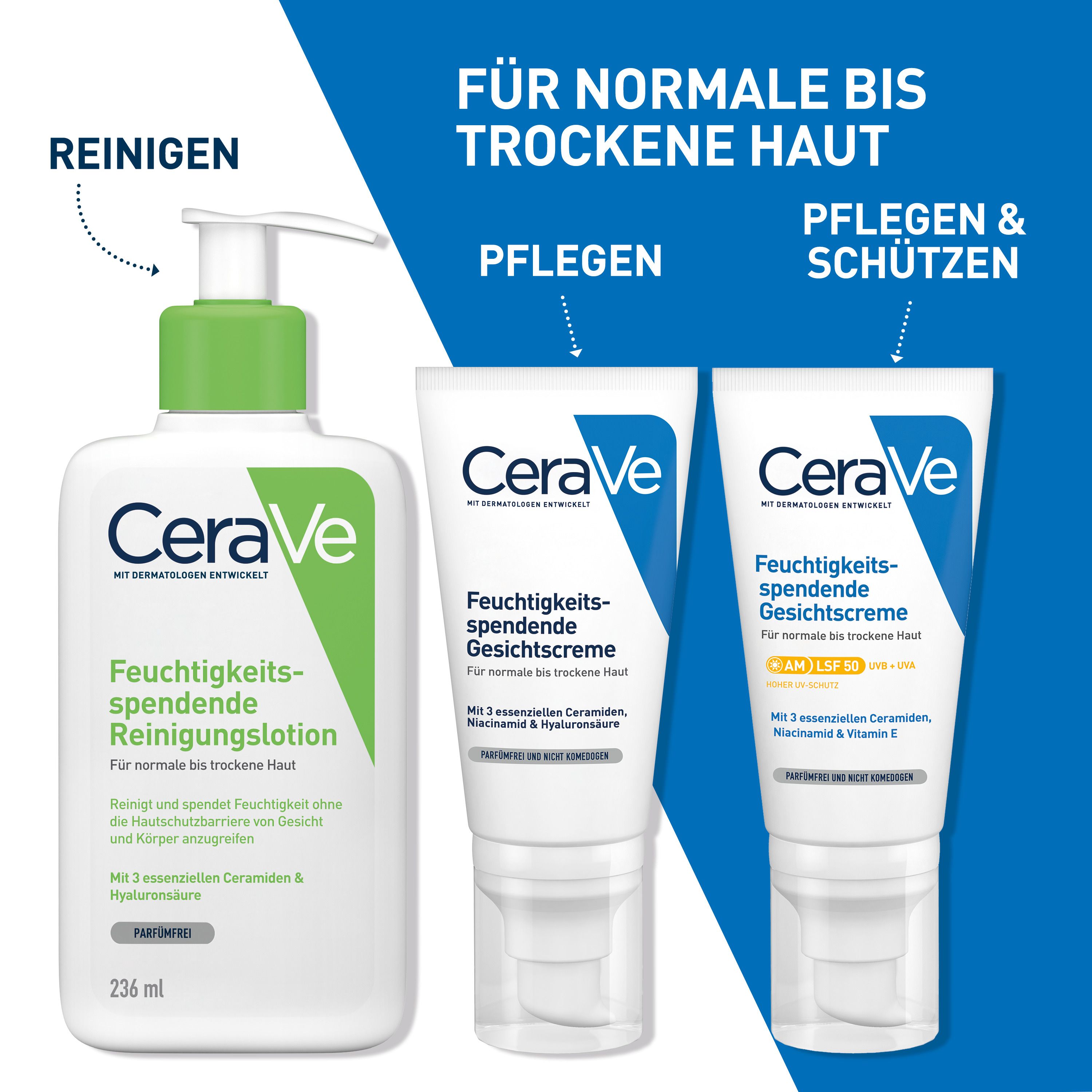 CeraVe Feuchtigkeitsspendende Gesichtscreme: hydratisierende Gesichtspflege mit Hyaluron, Niacinamid und Ceramiden für normale bis trockene Haut