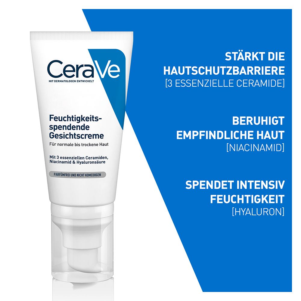 CeraVe Feuchtigkeitsspendende Gesichtscreme: hydratisierende Gesichtspflege mit Hyaluron, Niacinamid und Ceramiden für normale bis trockene Haut
