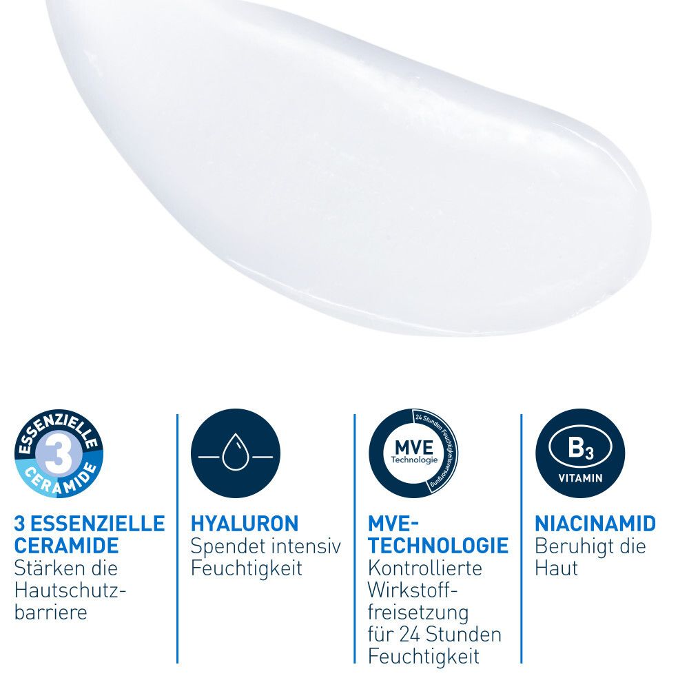Nahaufnahme von Creme. 3 essentielle Ceramide, Hyaluron, MVE-Technologie, Vitamin B3.