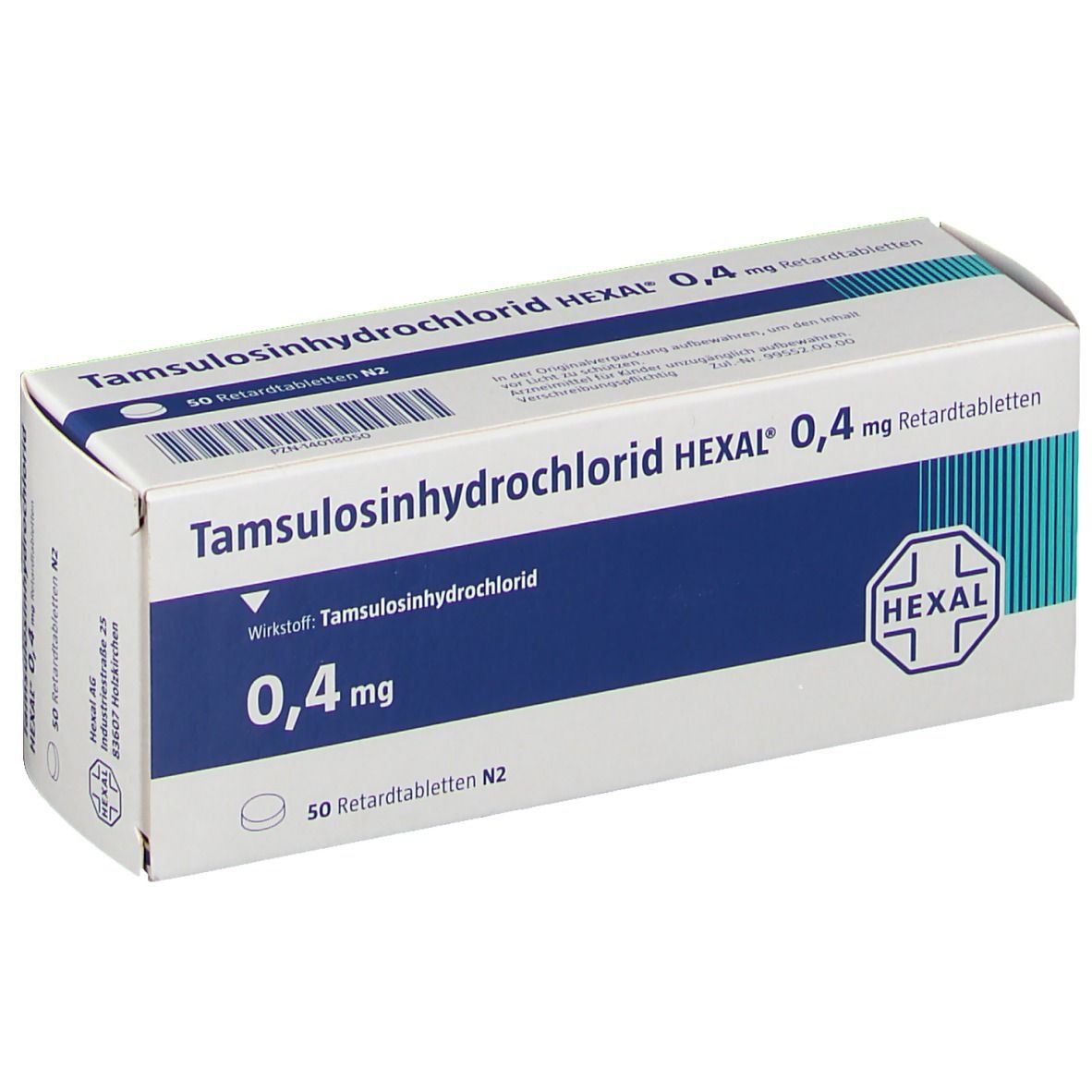 Schachtel mit Tamsulosinhydrochlorid HEXAL 0,4 mg Retardtabletten. Blaue und weiße Verpackung mit Produktinformationen und HEXAL Logo.