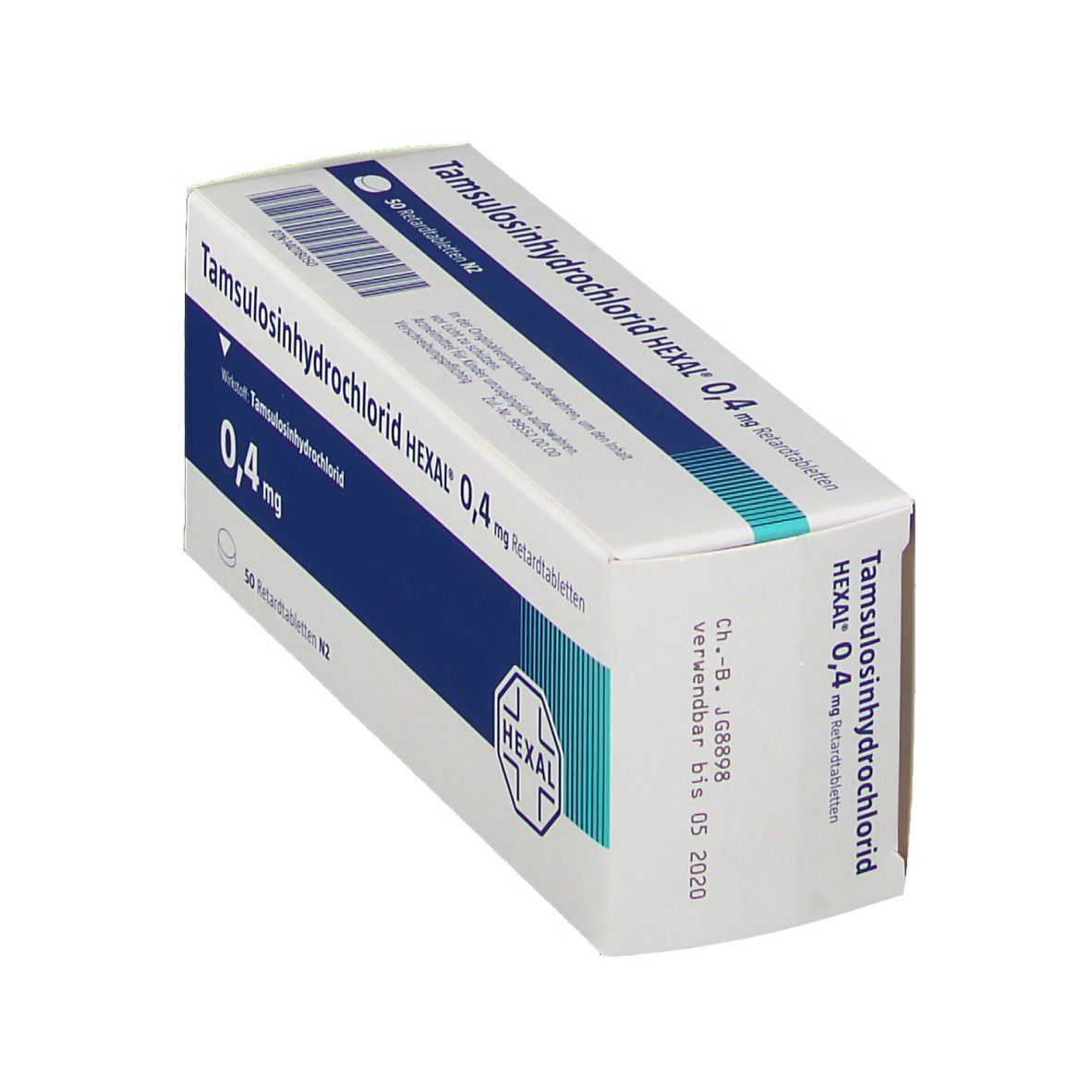 Schachtel Tamsulosinhydrochlorid HEXAL 0,4 mg. Weiße Verpackung mit blauen Streifen und Produktinformationen. HEXAL Logo.