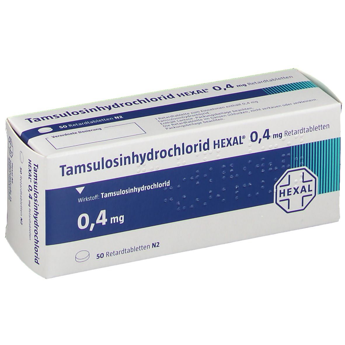 Schachtel mit Tamsulosinhydrochlorid HEXAL 0,4 mg Retardtabletten. Blaue und weiße Verpackung mit Produktinformationen und HEXAL Logo.