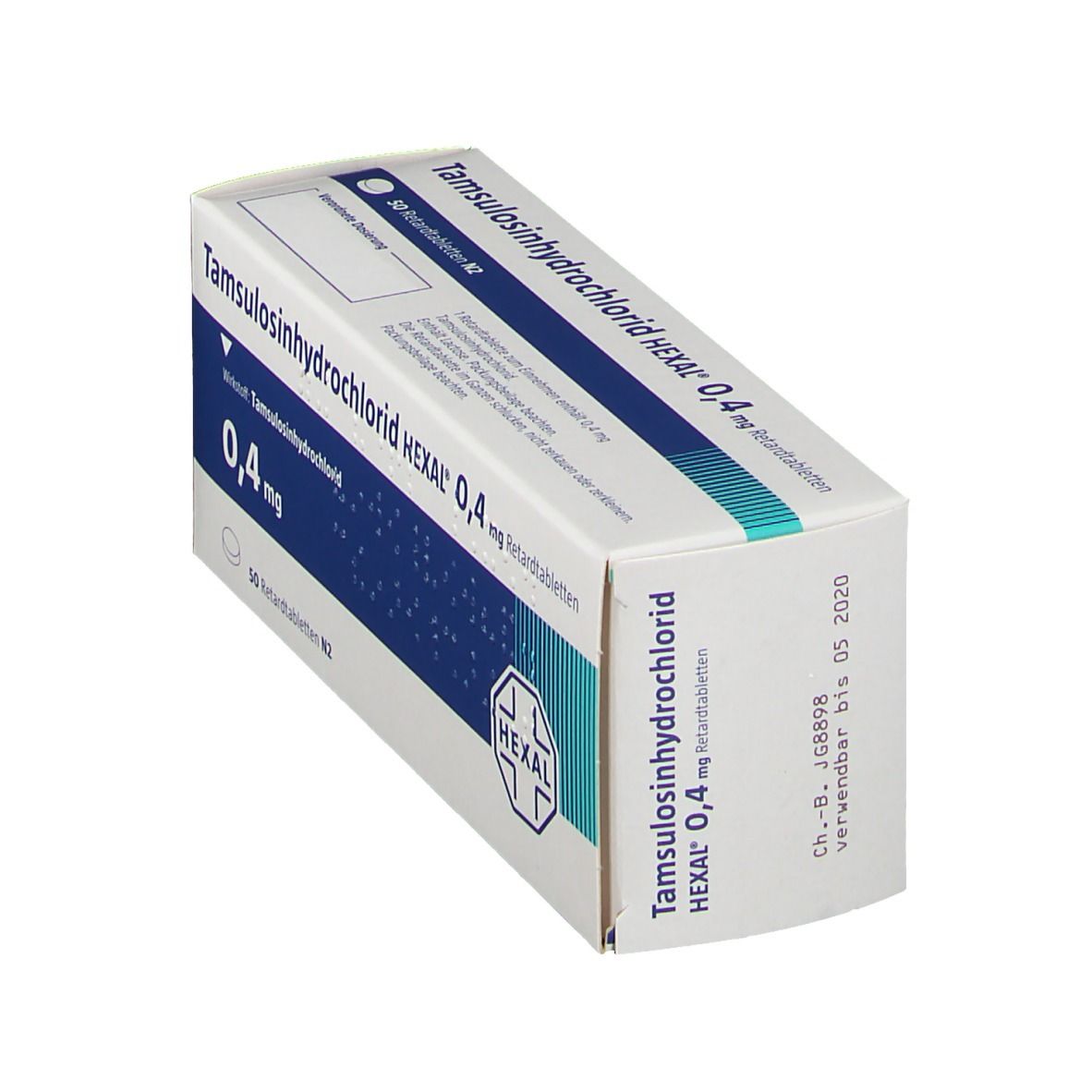 Schachtel Tamsulosinhydrochlorid HEXAL 0,4 mg. Weiße Verpackung mit blauen Streifen und Produktinformationen. HEXAL Logo.