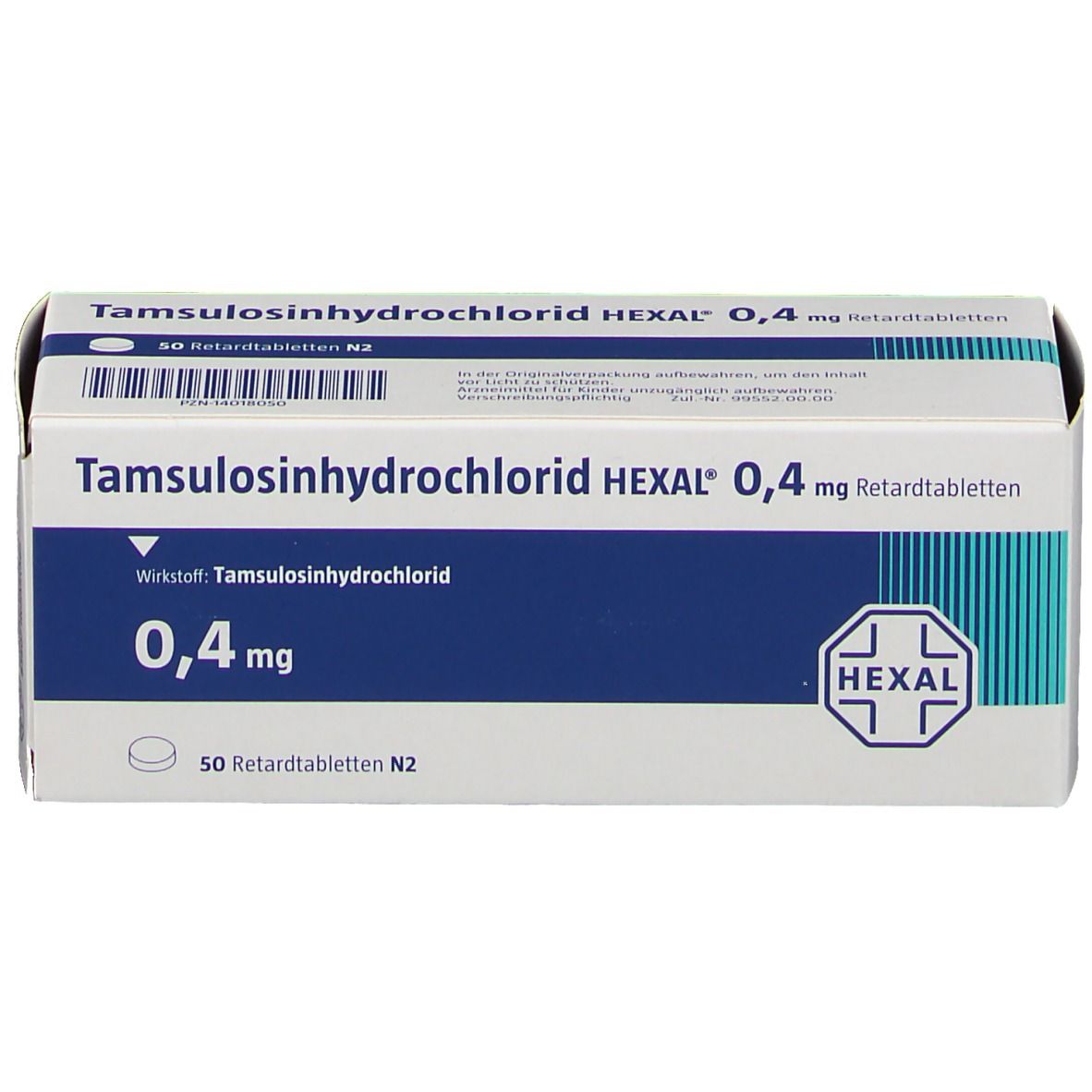 Schachtel mit Tamsulosinhydrochlorid HEXAL 0,4 mg Retardtabletten. Blaue und weiße Verpackung mit Produktinformationen und HEXAL Logo.