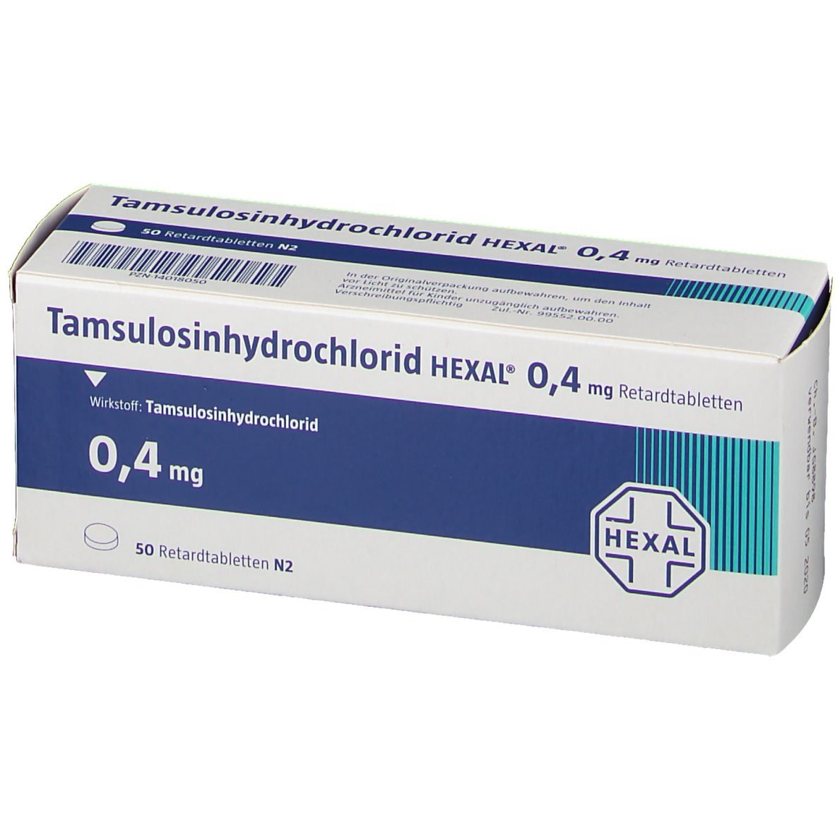 Schachtel mit Tamsulosinhydrochlorid HEXAL 0,4 mg Retardtabletten. Blaue und weiße Verpackung mit Produktinformationen und HEXAL Logo.