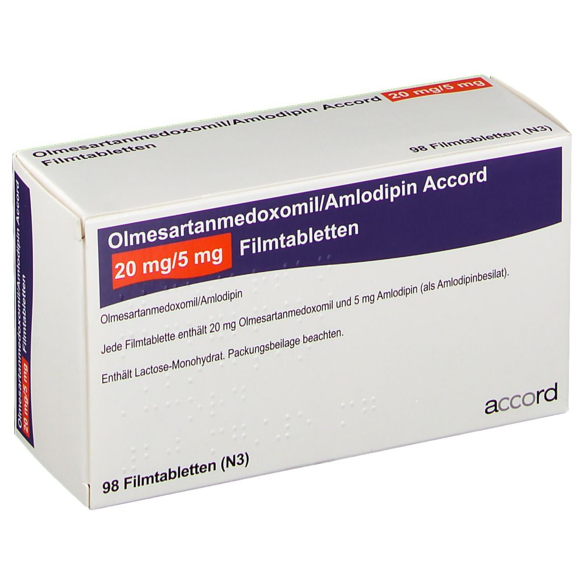 Schachtel mit Medikamenten. Aufschrift: Olmesartanmedoxomil/Amlodipin Accord 20 mg/5 mg Filmtabletten. 98 Filmtabletten (N3).