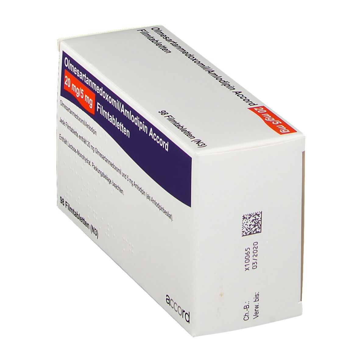 Schachtel mit Medikamenten. Aufschrift: Olmesartanmedoxomil/Amlodipin Accord 20 mg/5 mg Filmtabletten. Mit Barcode und Verfallsdatum.