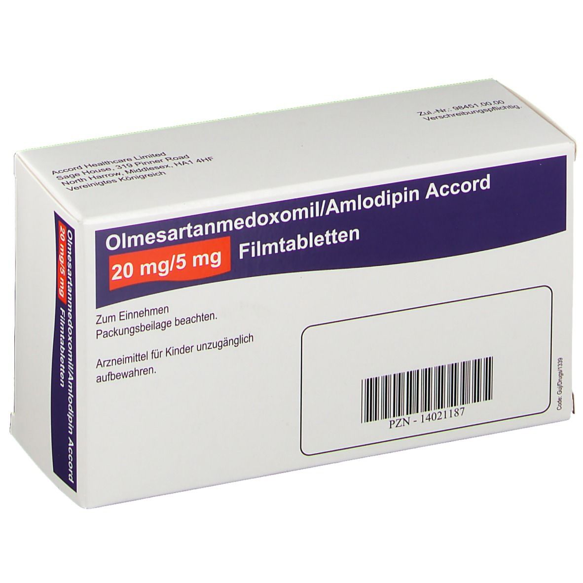 Schachtel mit Medikamenten. Aufschrift: Olmesartanmedoxomil/Amlodipin Accord 20 mg/5 mg Filmtabletten. Mit Barcode.