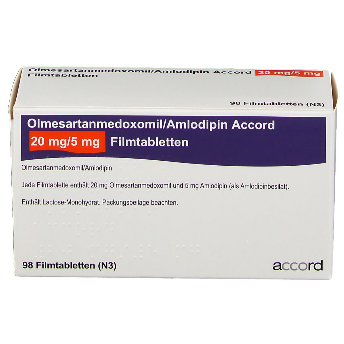 Schachtel mit Medikamenten. Aufschrift: Olmesartanmedoxomil/Amlodipin Accord 20 mg/5 mg Filmtabletten. 98 Filmtabletten (N3).