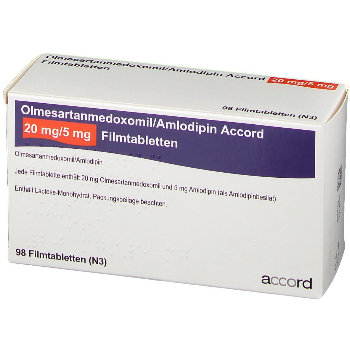 Schachtel mit Medikamenten. Aufschrift: Olmesartanmedoxomil/Amlodipin Accord 20 mg/5 mg Filmtabletten. 98 Filmtabletten (N3).