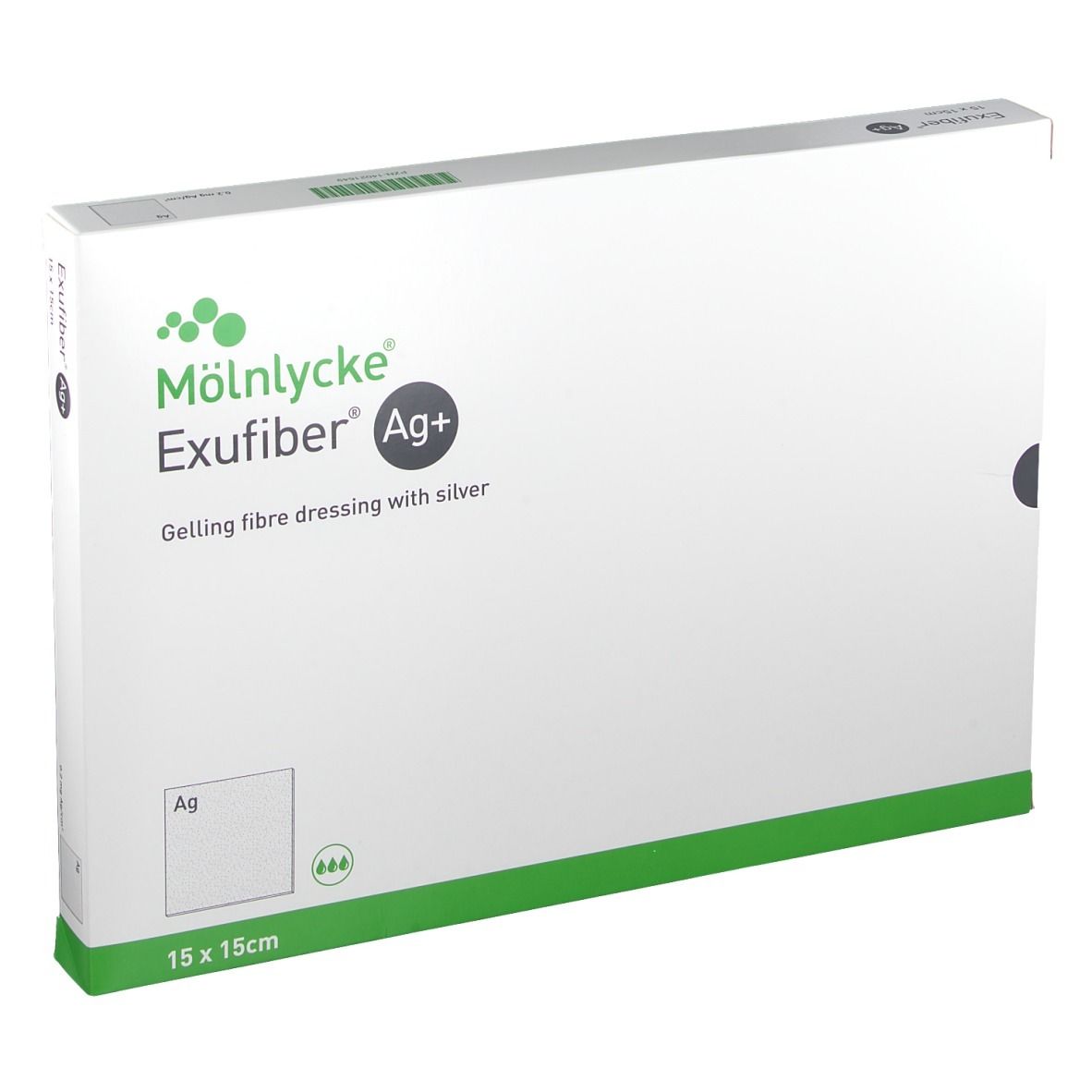 Verpackung von Exufiber Ag+ 15 x 15 cm. Gelling Fibre Wundauflage mit Silber. Grün-weiße Verpackung mit Produktnamen.