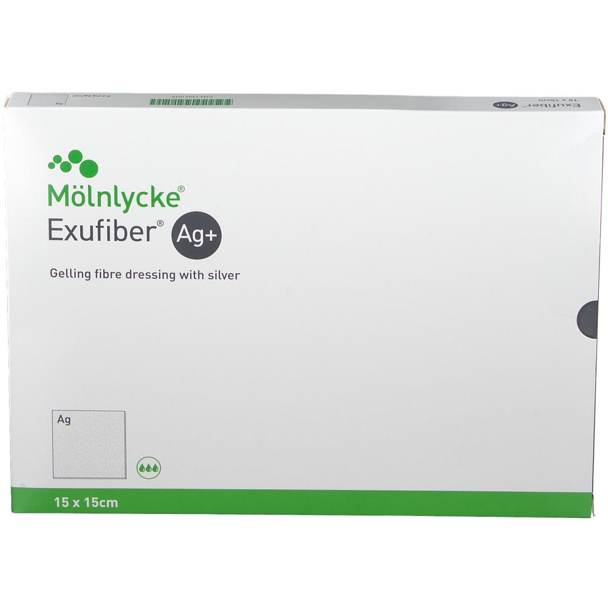 Exufiber Ag+ 15 x 15 cm Verpackung. Gelling Fibre Wundauflage mit Silber. Grün-weiße Verpackung mit Produktnamen.