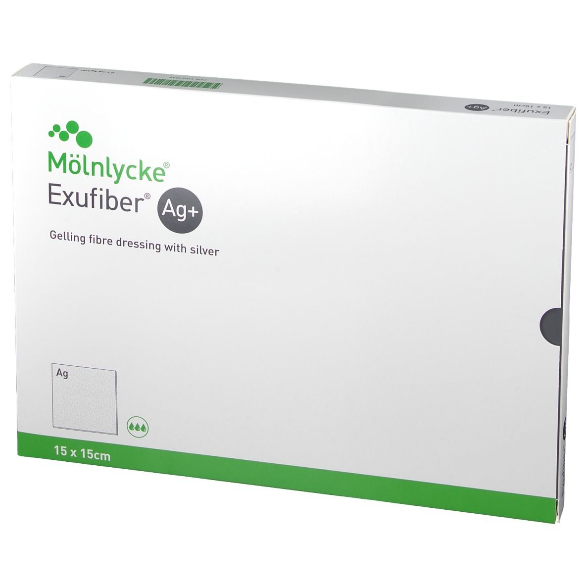 Exufiber Ag+ 15 x 15 cm Verpackung. Gelling Fibre Wundauflage mit Silber. Grün-weiße Verpackung mit Produktnamen.