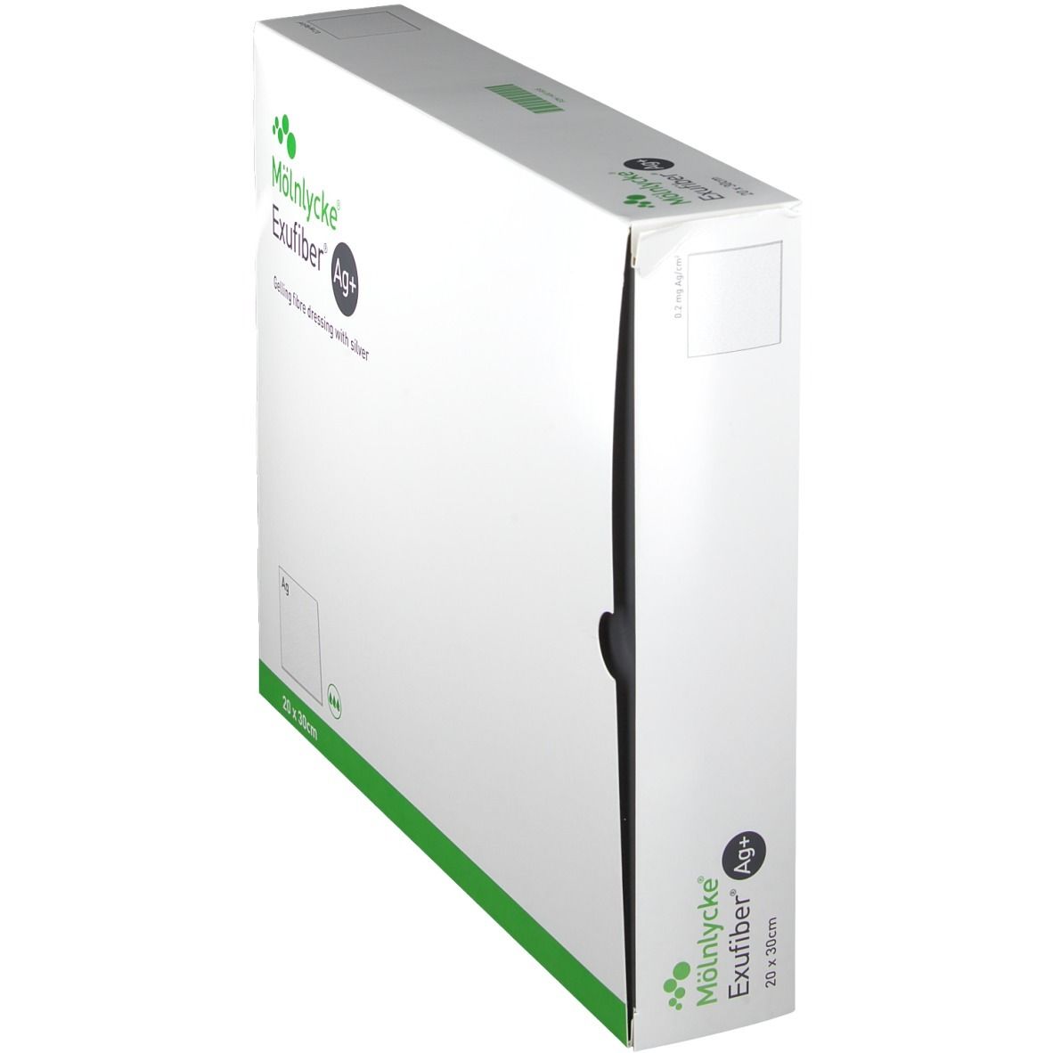 Exufiber Ag+ Verpackung, Seitenansicht. Marke: Mölnlycke. Gelling Fibre Wundauflage mit Silber. Größe: 20 x 30 cm.