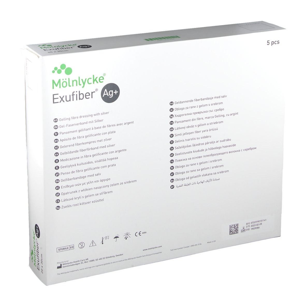 Rückseite der Exufiber Ag+ Verpackung. Marke: Mölnlycke. Enthält 5 Stück. Mehrsprachige Produktinformationen.
