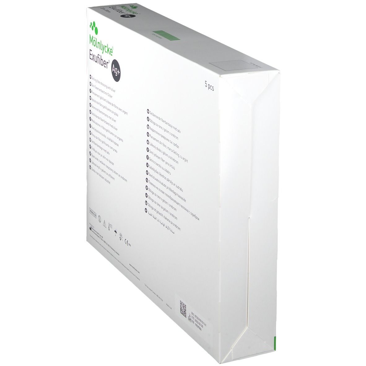 Exufiber Ag+ Verpackung, Seitenansicht. Marke: Mölnlycke. Enthält 5 Stück. Mehrsprachige Produktinformationen.