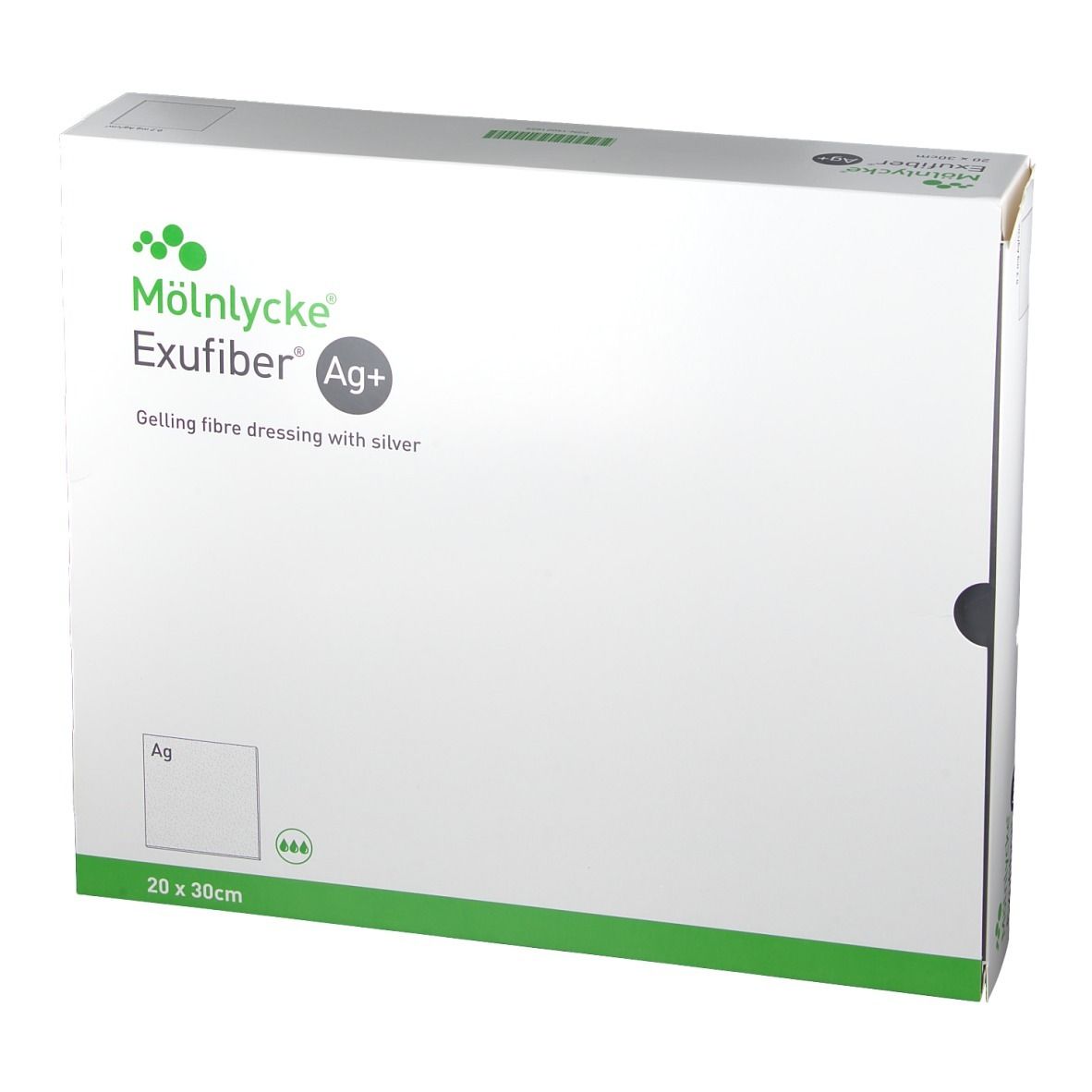 Exufiber Ag+ Verpackung. Marke: Mölnlycke. Gelling Fibre Wundauflage mit Silber. Größe: 20 x 30 cm.