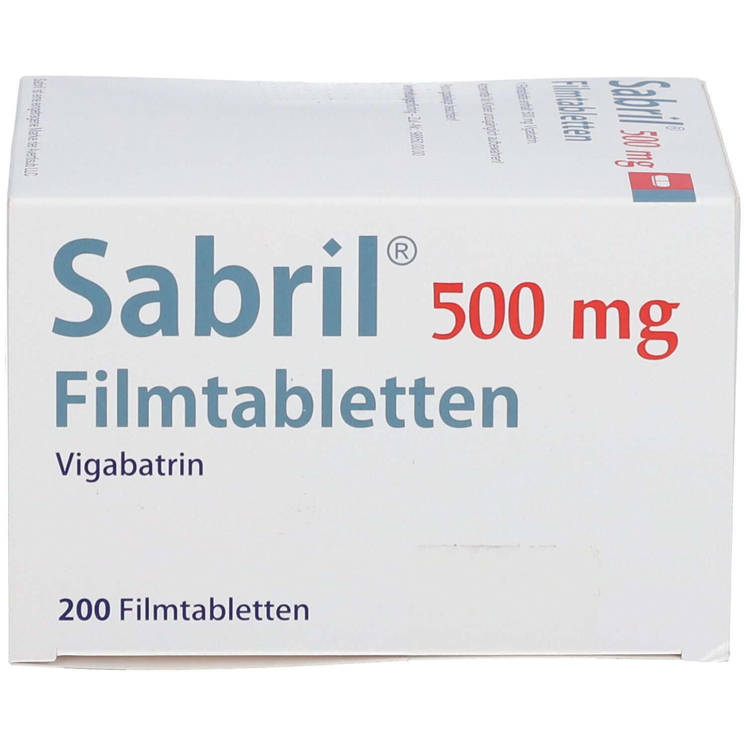 Weiße Schachtel mit Sabril 500 mg. Vorderseite mit Produktname, Dosierung und Inhaltsstoff.
