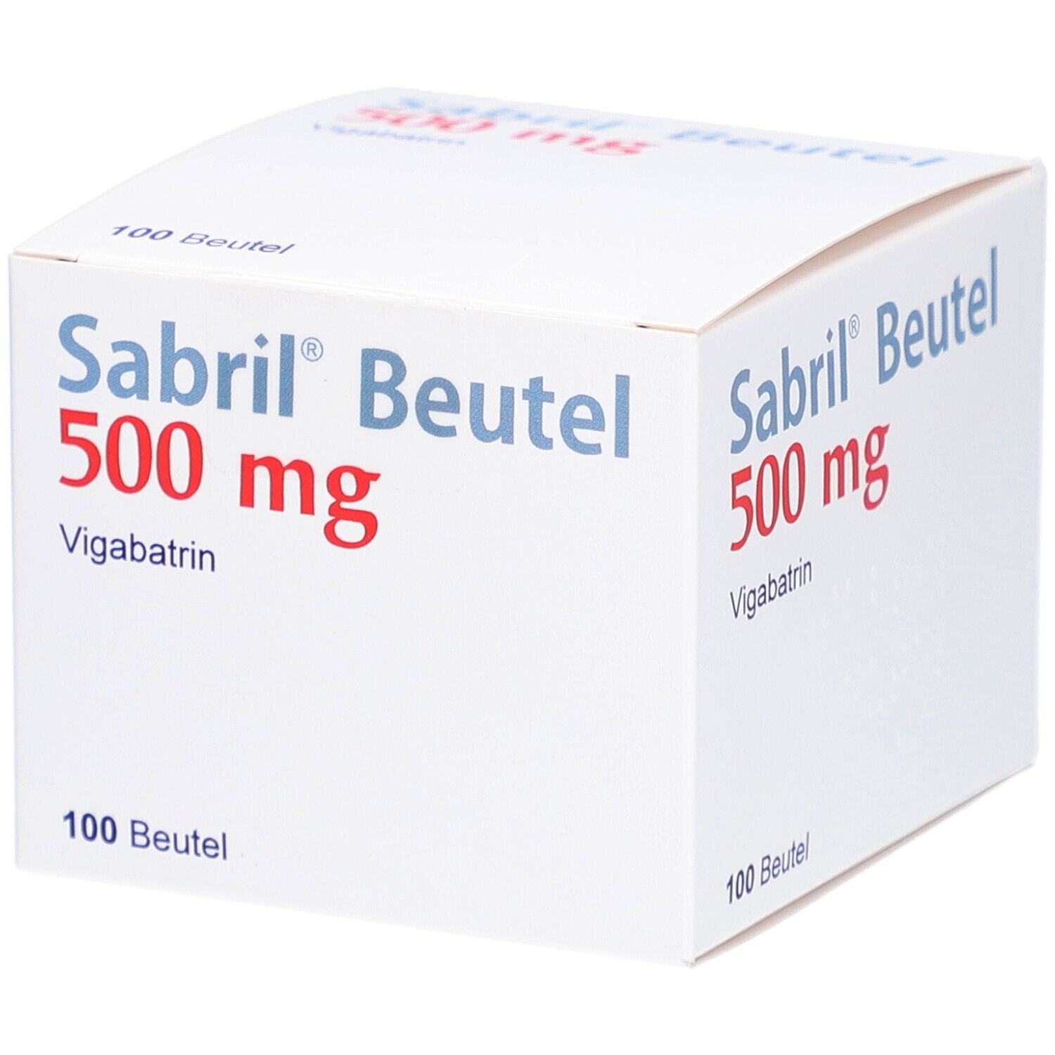Weiße Schachtel mit Sabril Beutel 500 mg. Aufschrift: Vigabatrin, 100 Beutel. Eckansicht.