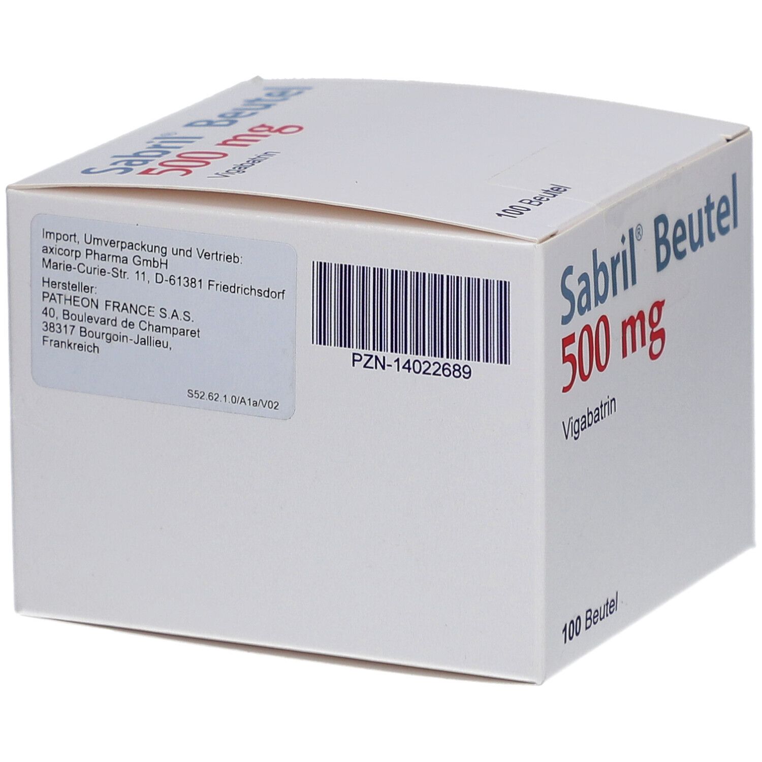 Weiße Schachtel Sabril Beutel 500 mg. Aufschrift: Vigabatrin, 100 Beutel. Mit Barcode und Herstellerinformationen.