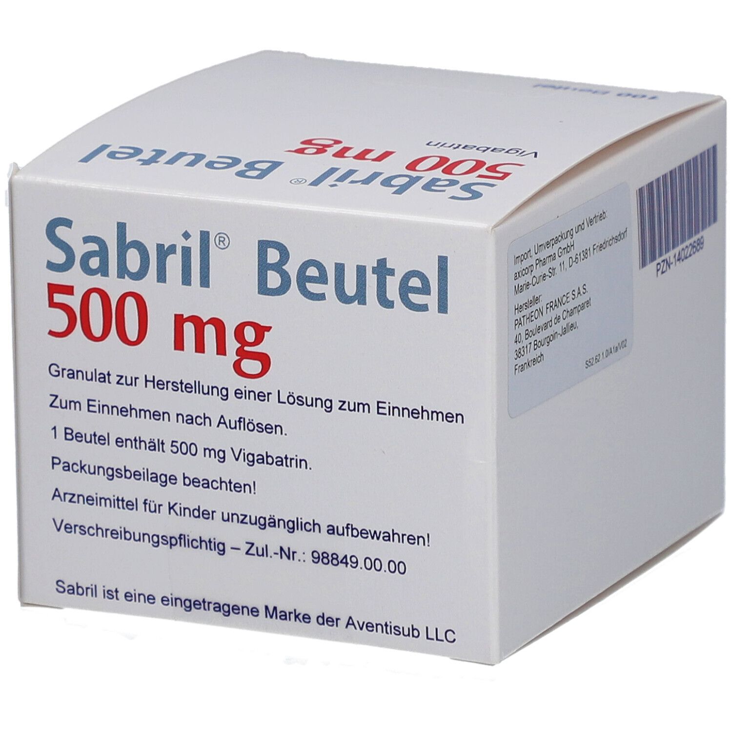 Weiße Schachtel Sabril Beutel 500 mg. Aufschrift: Vigabatrin, 100 Beutel. Text auf der Seite.