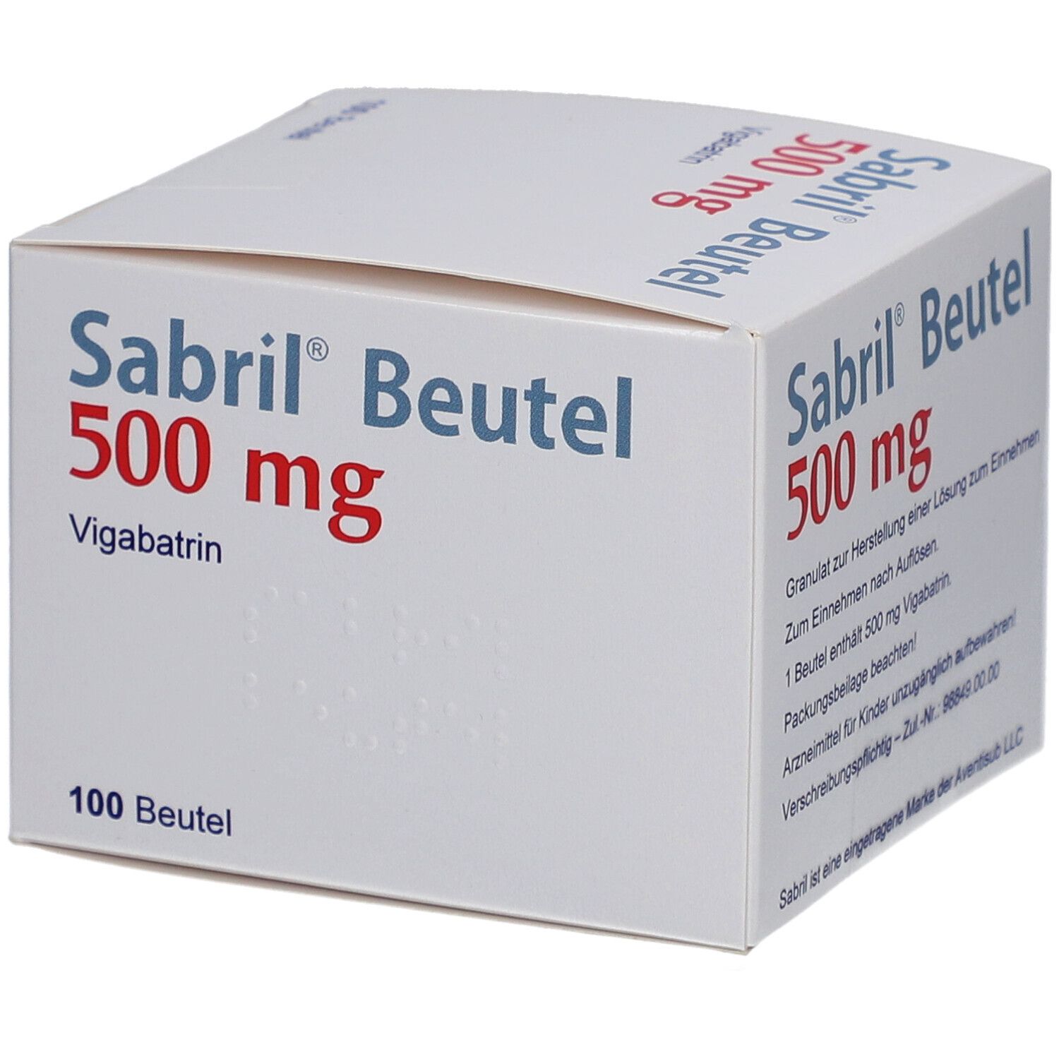 Weiße Schachtel Sabril Beutel 500 mg. Aufschrift: Vigabatrin, 100 Beutel. Eckansicht mit Text.
