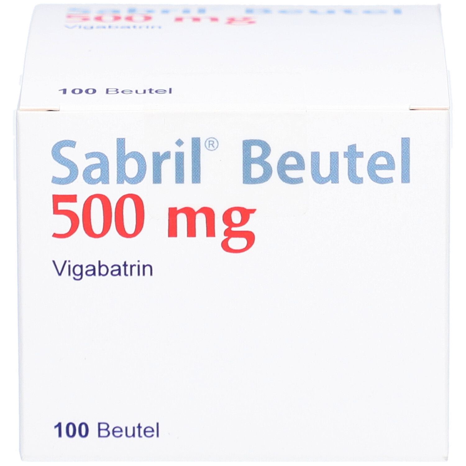 Weiße Schachtel Sabril Beutel 500 mg. Aufschrift: Vigabatrin, 100 Beutel. Vorderansicht.