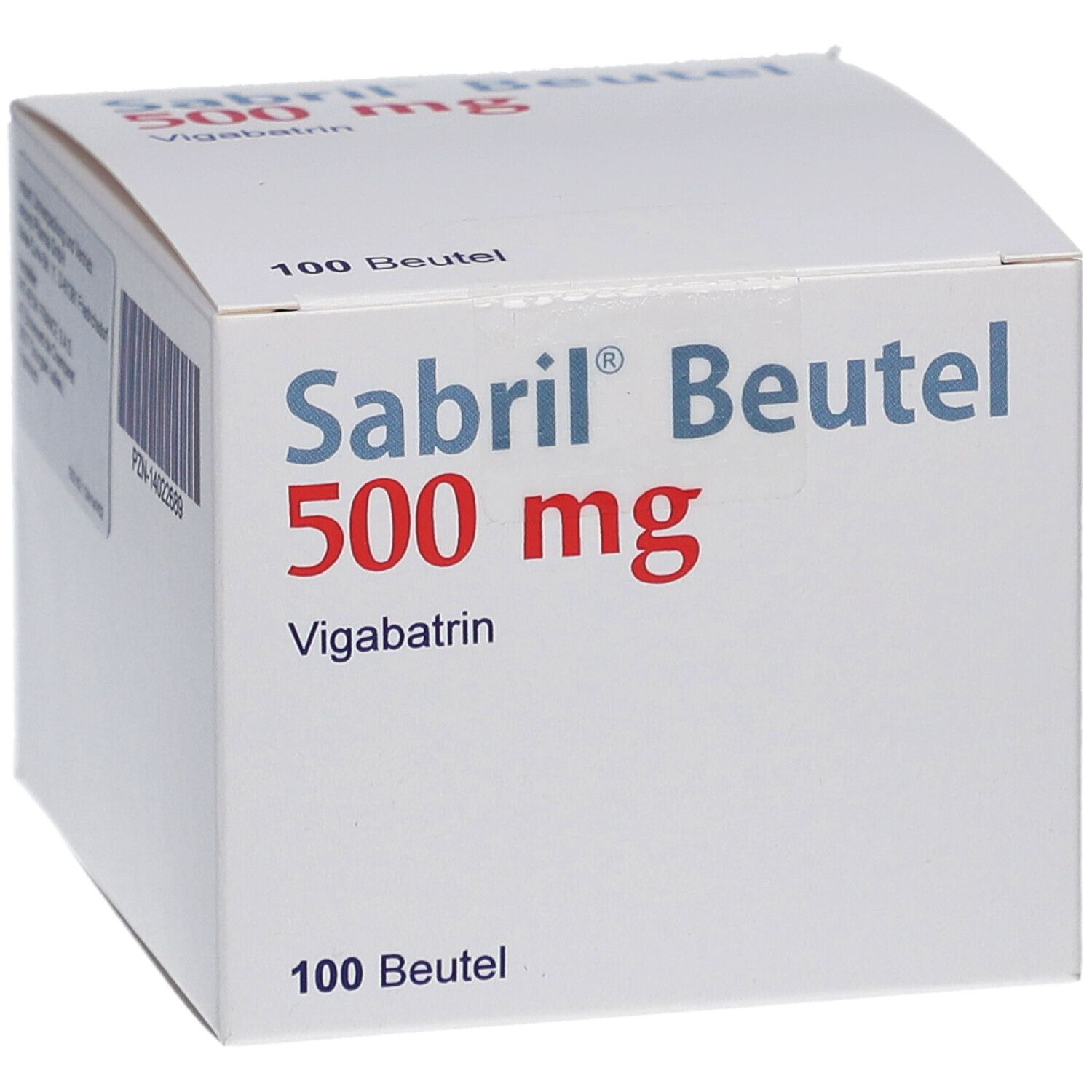 Weiße Schachtel Sabril Beutel 500 mg. Aufschrift: Vigabatrin, 100 Beutel. Eckansicht.