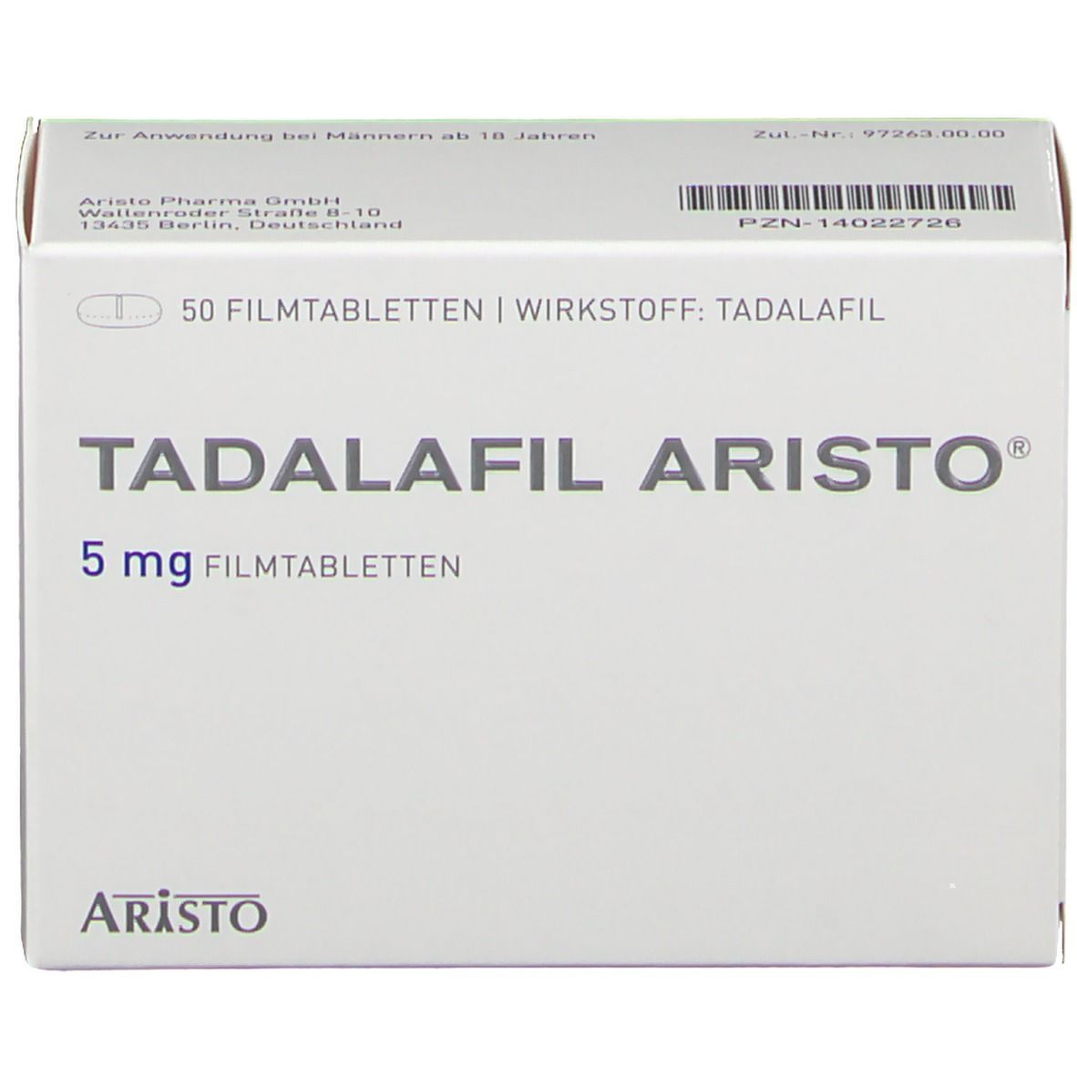 Schachtel mit TADALAFIL ARISTO® 5 mg Filmtabletten. Aufschrift: 50 Filmtabletten. Marke: Aristo. Adresse.