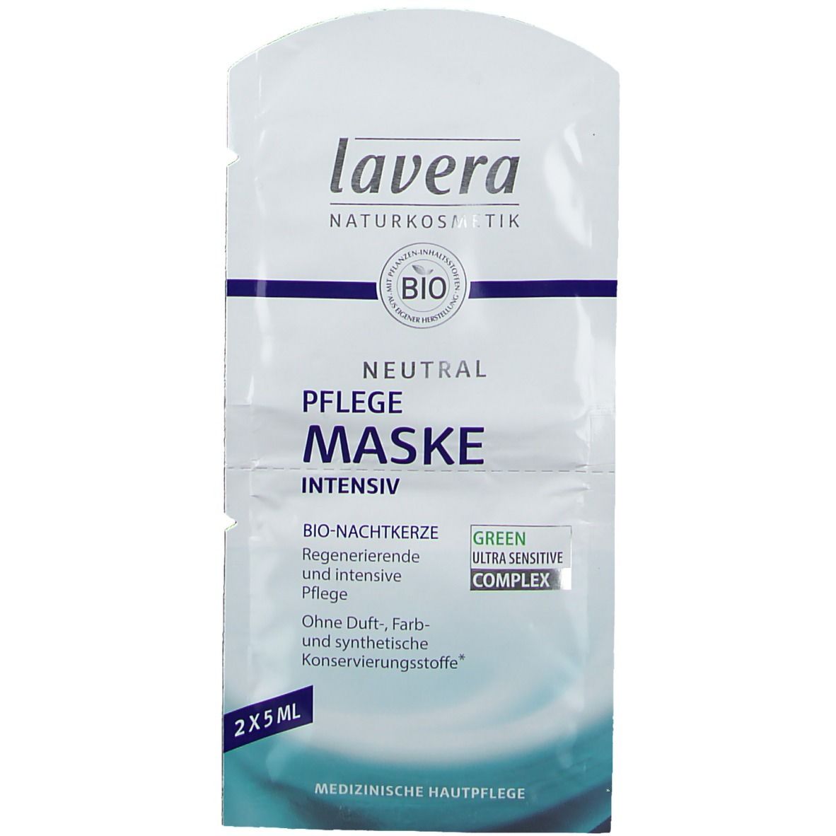 Doppelpackung lavera Neutral Pflegemaske intensiv. Weiße Verpackung mit Produktinformationen und Logo. 2x5ml.