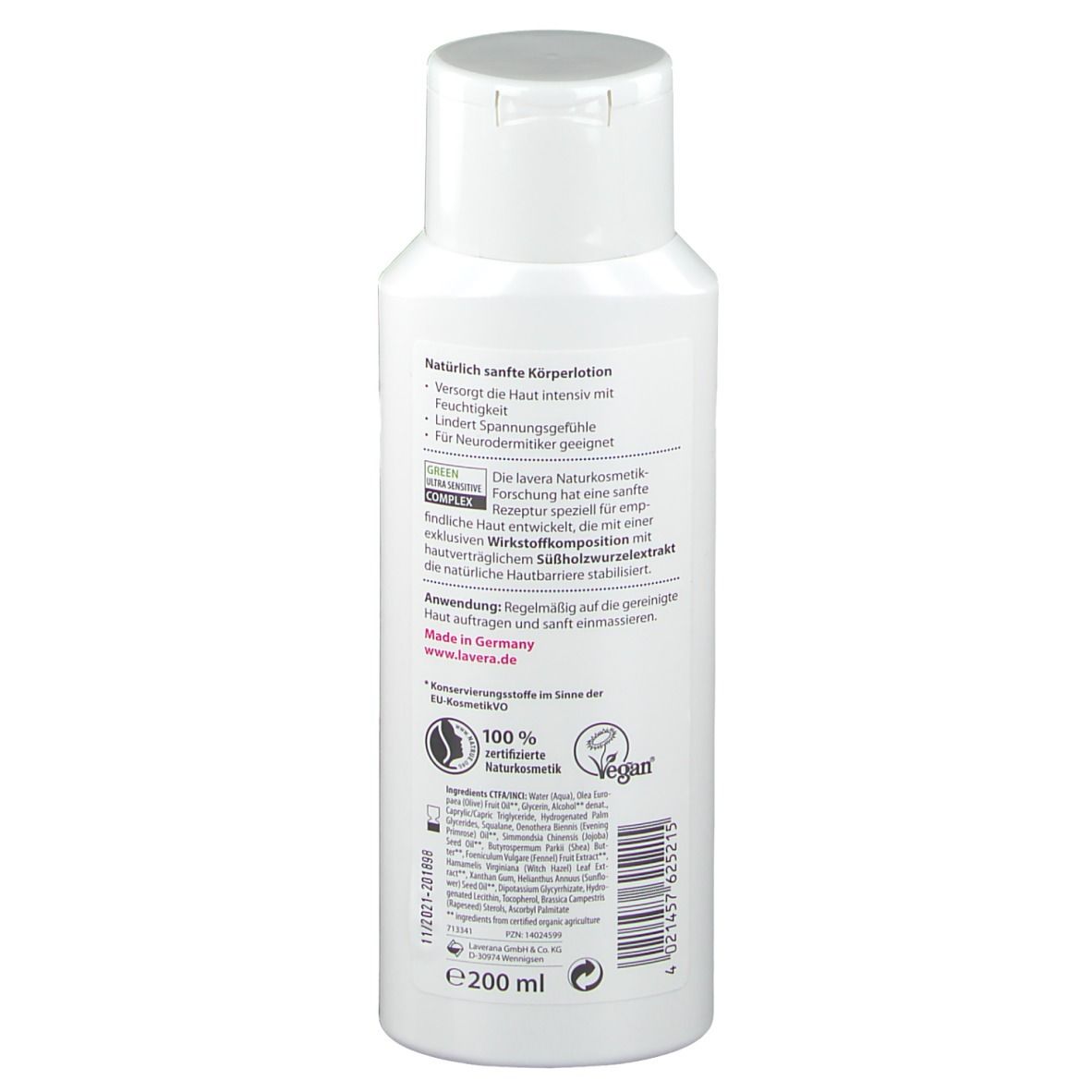 Rückseite einer weißen Flasche. Text: Natürlich sanfte Körperlotion. Vegan- und 100% zertifizierte Naturkosmetik. Made in Germany.