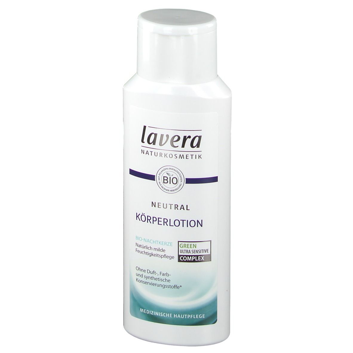 Weiße Flasche mit Klappverschluss. Aufschrift: lavera, BIO, Neutral Körperlotion. Grün-Label: Ultra Sensitive.