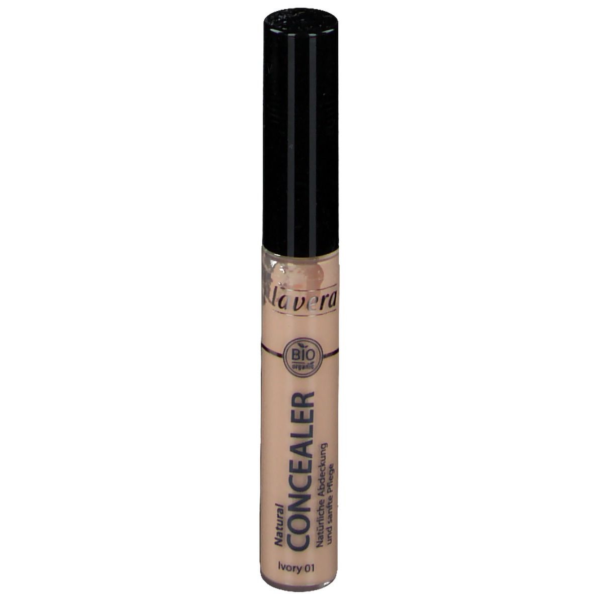 Concealer-Stift, ivory 01. Schwarzer Deckel, beiger Behälter mit Schriftzug. Bio-Siegel.
