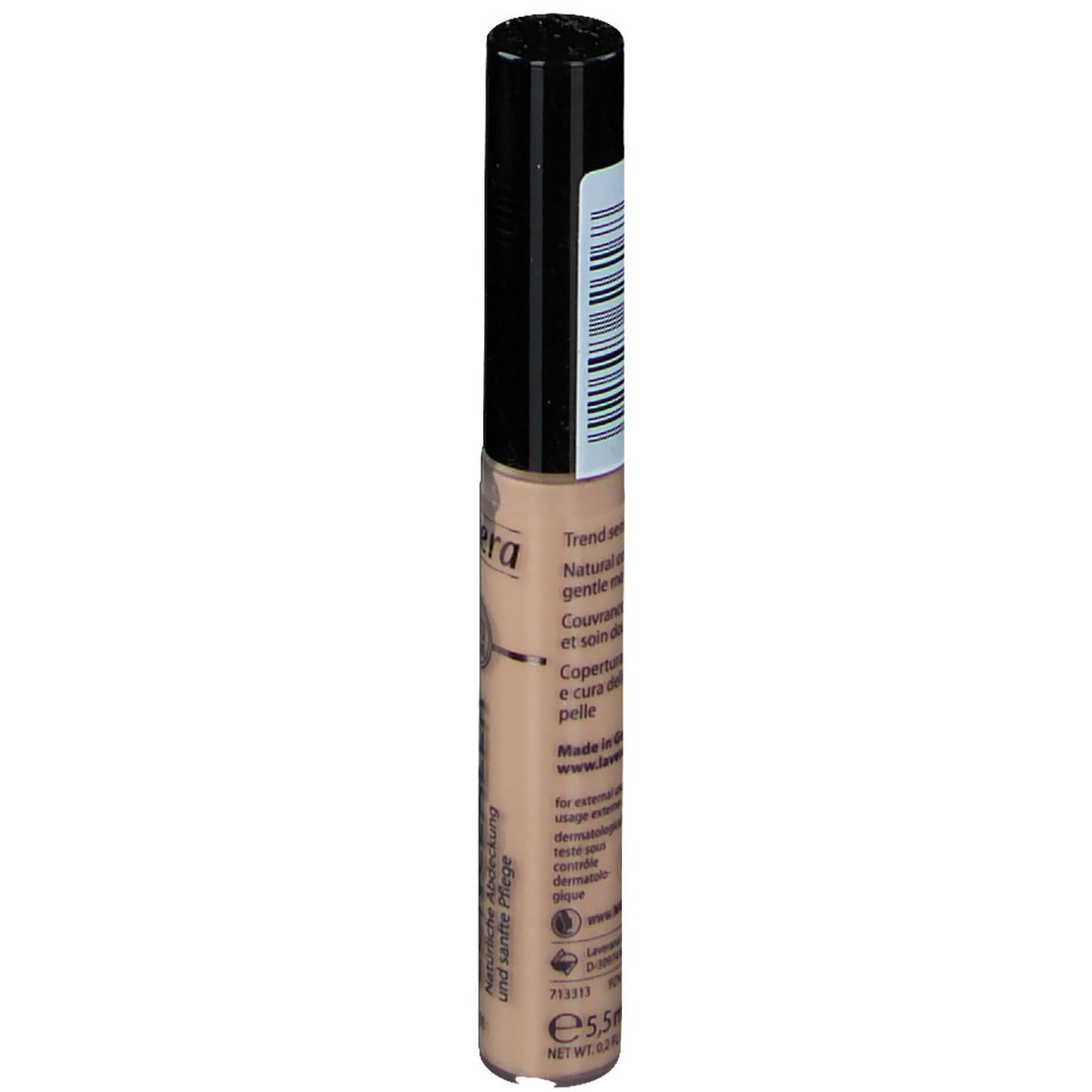 Concealer-Stift, ivory 01. Rückseite mit Text und Barcode. Schwarzer Deckel.