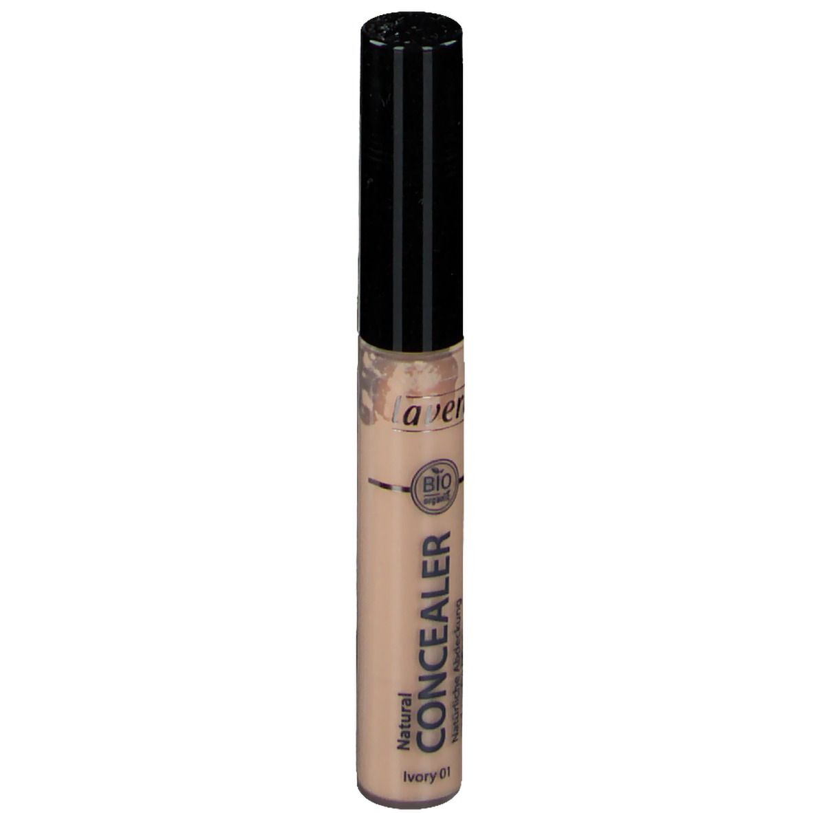 Concealer-Stift, ivory 01. Schwarzer Deckel, beiger Behälter mit Schriftzug. Bio-Siegel.