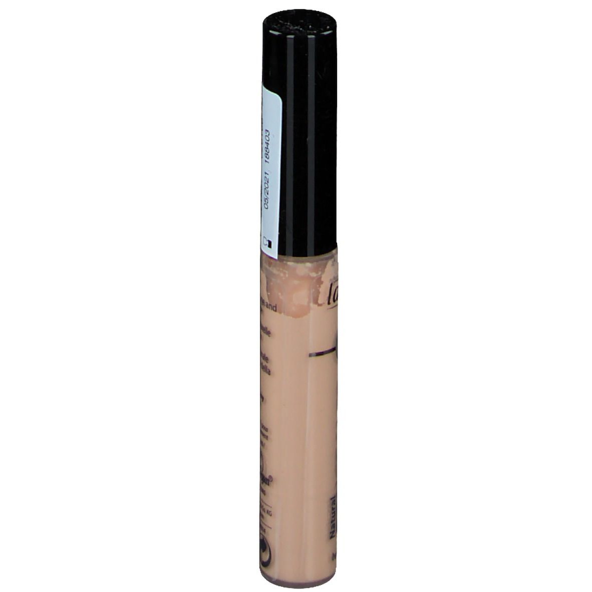 Concealer-Stift, ivory 01. Rückseite mit Text und Barcode. Schwarzer Deckel.