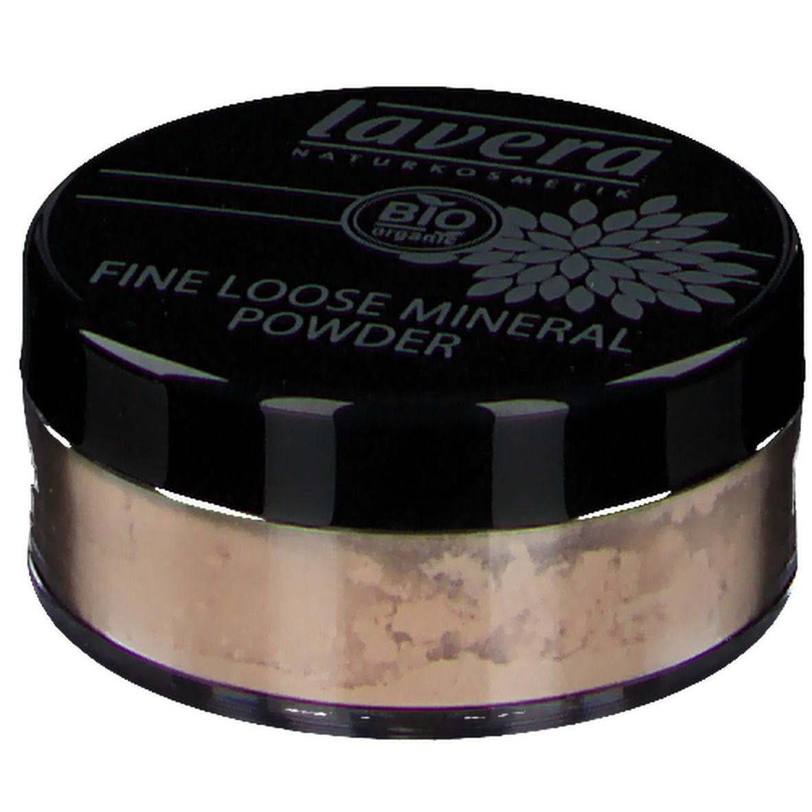 Runder Behälter mit losem Mineralpuder. Schwarzer Deckel mit Schriftzug: lavera, FINE LOOSE MINERAL POWDER, Bio-Siegel. Puder in Ivory-Farbe.