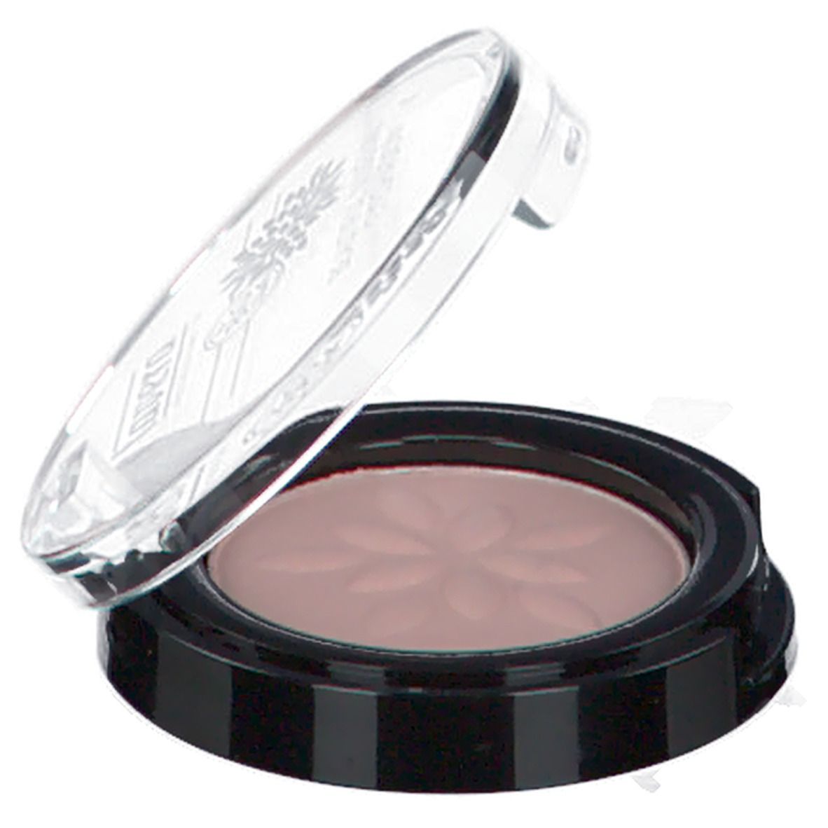 Lidschatten in runder Dose. Deckel geöffnet. Farbe: helles Sandbraun. Blütenmuster auf dem Lidschatten. Schwarzer Behälter.
