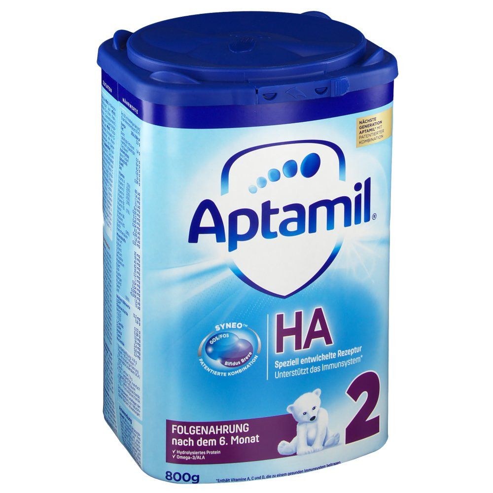 Aptamil HA 2-Milchpulverdose. Blaue Dose mit Produktnamen, HA-Logo, Bär-Illustration und 2. 800g.